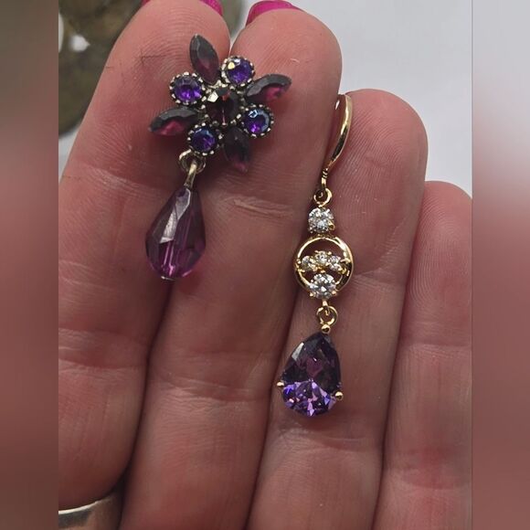 "5/$25" Mismateched Purple Crystal Rhinestone Gold & Silvertone Dangle Earrings - Picture 1 of 7